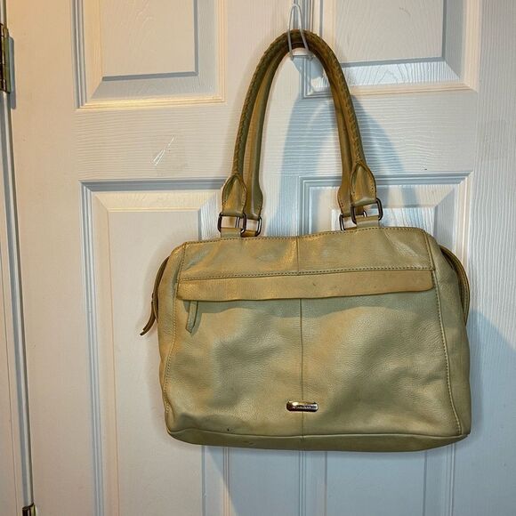 B Makowsky soft leather Beige large shoulder bag with Silver tone Hardwares.